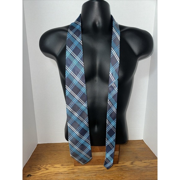 Colours by Alexander Julian Blue‎ Teal Grey Neck Tie Plaid Geometric - Picture 1 of 5